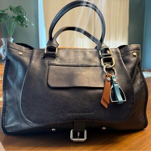 Longchamp Balzane Black Leather Tote with Blue and Brown Bag Charm